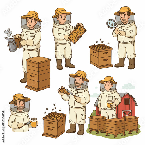Beekeeper working with beehives and honey