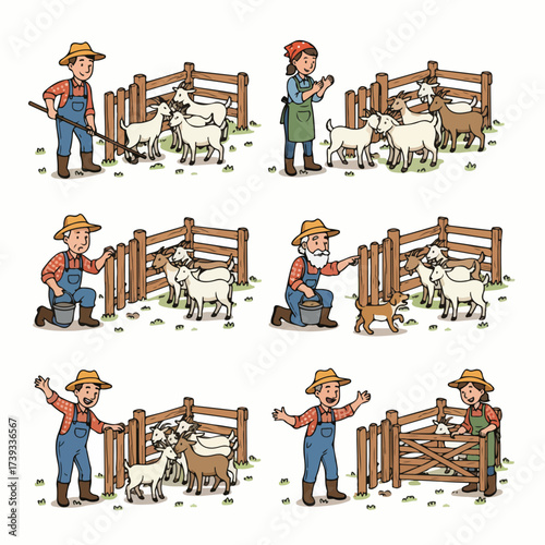 Farmer tending to goats in a pen