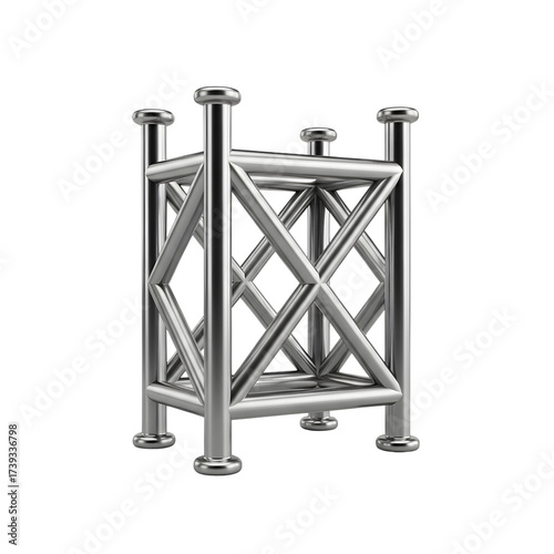 3D shiny metal truss structure isolated on white background for engineering and technology concepts.