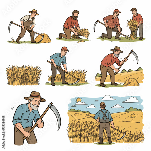 Farmers harvesting wheat with scythes in fields