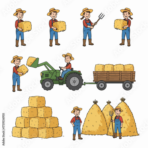 Farmers working with hay bales and tractor