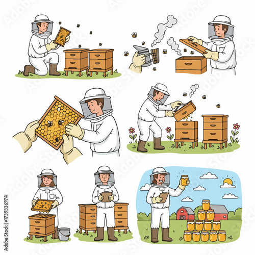 Beekeeping process steps with honey jars