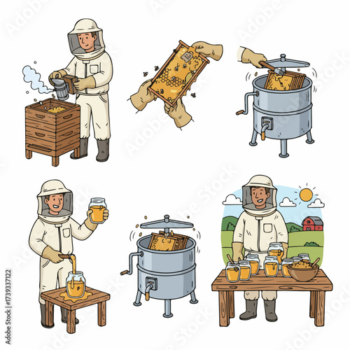 Honey production process steps with beekeeper