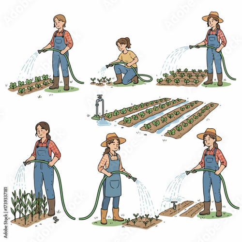 Farmers watering plants in a garden plot