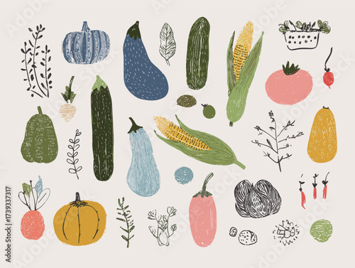 This illustration showcases a variety of vegetables and plants, featuring squash, cucumbers, corn, and herbs. The design has a playful and vibrant style.