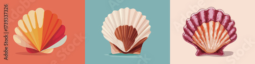 Three scallop shells are displayed against different colored backgrounds. Each shell reveals distinct patterns, shapes, and hues, emphasizing their natural beauty.