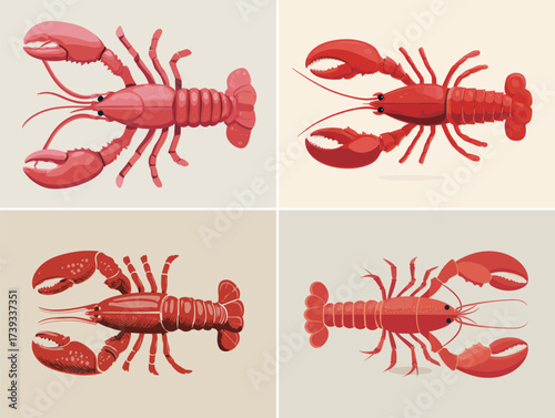 Four unique lobster illustrations present a variety of styles, highlighting their vibrant red colors and distinct features. Each design emphasizes the natural beauty of lobsters.