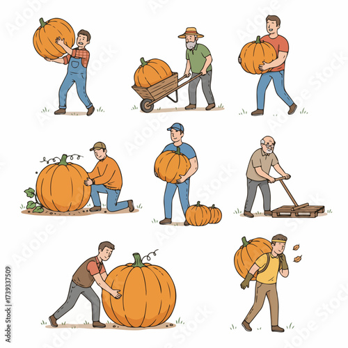 Farmers harvesting large pumpkins in a field