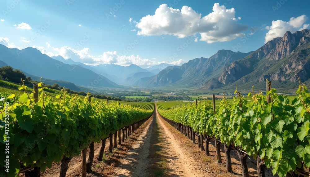 Naklejka premium Vineyard rows stretch to horizon with mountains under blue sky. Scenic view of farmland with vines and trees. Plants stretch toward distant hills in sunlight.