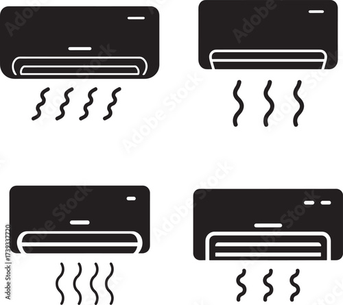 Four different styles of air conditioning units blowing cool air represented by wavy lines