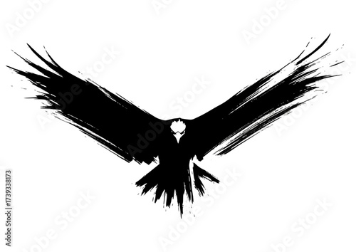 Black bird silhouette with geometric wings on white background and copy space