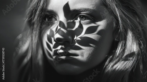 Womans portrait with leaf shadow play in dramatic black and white
