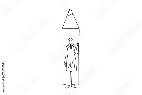 Continuous one line drawing Arab woman stands in front of bottom end of pencil with a gesture. Creating iconic and new ideas. National Creativity Day. Single line draw design vector illustration