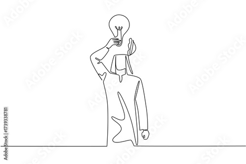 Single one line drawing Arabian man with head uncovered and lifts a lightbulb above head. Symbolism of expressing opinions. Idea. National Creativity Day. Continuous line design graphic illustration