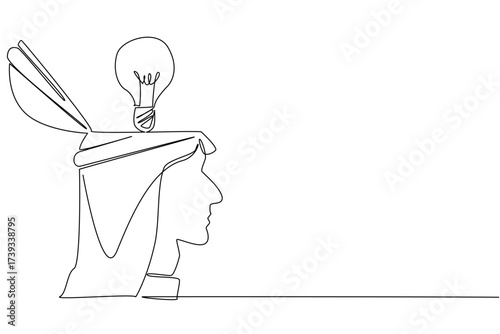 Continuous one line drawing the top of head open and there is lightbulb above it. Pouring out opinions. Clearing the mind. Brain. National Creativity Day. Single line draw design vector illustration