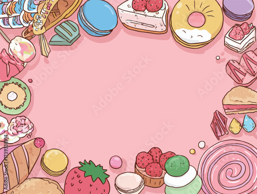 Various treats including cakes, cookies, and candies are displayed around the edge of a pink background. The vibrant colors create a festive atmosphere.