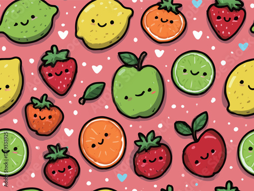 A vibrant pattern showcases happy fruits like lemons, limes, strawberries, oranges, and apples against a playful pink background, adding fun and joy to any setting.