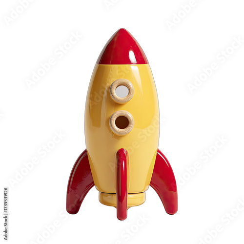 Cartoonish toy rocket, yellow body, red nose/fins