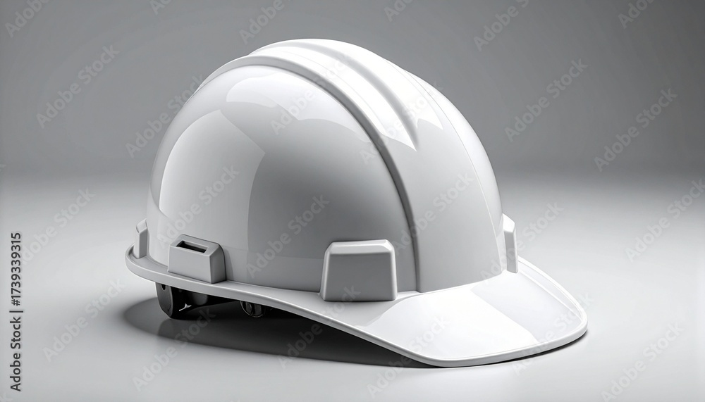 Fototapeta premium White construction hard hat on reflective surface with gray background, symbolizing safety, industrial work, and protective equipment.