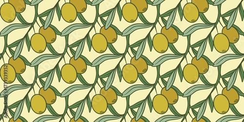 Olive branches with green fruits, seamless pattern. Solid background with olives. Print for packaging and design of extra virgin olive oil, vector graphics