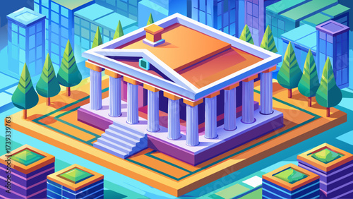 Isometric bank building vector with columns, rooftop, trees, 3D perspective, scalable structure, clean lines, professional rendering, vibrant colors, urban financial architecture, modern detailed 