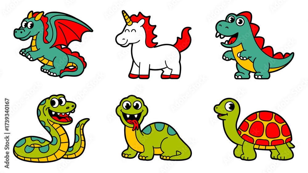 Fototapeta premium Vector art of cartoon animals dragon, unicorn, dinosaur, snake, turtle, and other cute creatures for childrens books and illustrations