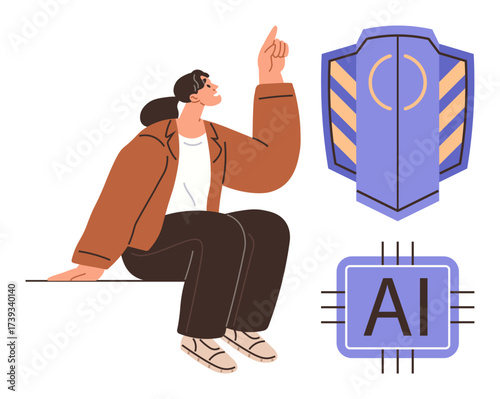 Woman sitting and gesturing with a raised finger, alongside technological chip labeled AI and protective shield icon. Ideal for innovation, AI development, cybersecurity, technology ethics, safety