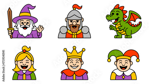 Vector art of cartoon characters a wizard, knight, dragon, princess, king, and jester, all smiling and ready for adventure