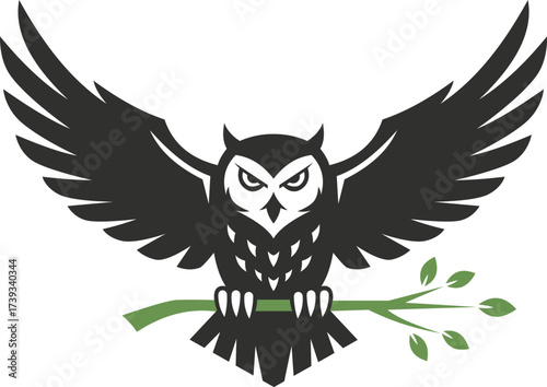 A stylized black owl with outstretched wings holding a green branch with leaves in its talons, isolated on a vector illustration