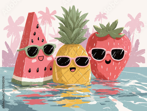 Colorful watermelon, pineapple, and strawberry with smiles and sunglasses enjoy a sunny day in a vibrant tropical pool setting. Palm trees create a cheerful atmosphere.