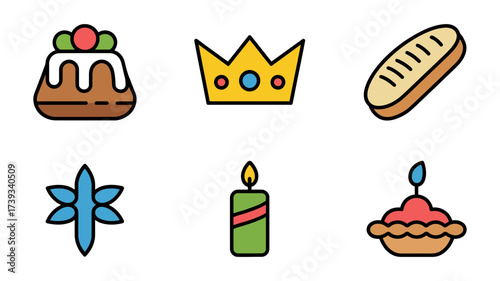 Vector art of collection of festive icons, featuring a pudding, crown, bread, flower, candle, and pie, all in a flat design style