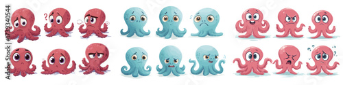 A collection of cartoon octopuses expressing various emotions, including happiness, sadness, and anger, set against a vibrant background. The scene is lively and engaging.