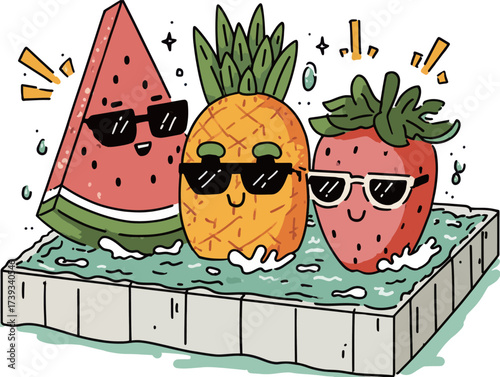 Three cheerful fruit characters, a watermelon, pineapple, and strawberry, sport sunglasses while playing in a pool surrounded by water splashes and bright colors.