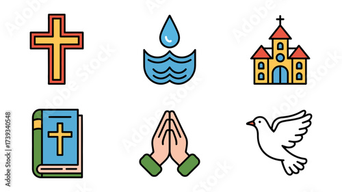 Vector art of christianity symbols cross, baptism, church, bible, praying hands, and dove, representing faith and worship