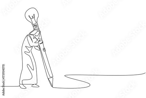 Single continuous line drawing Arab man writes using big pencil with lightbulb at the end. The best ideas neatly copied through writing. National Creativity Day. One line design vector illustration