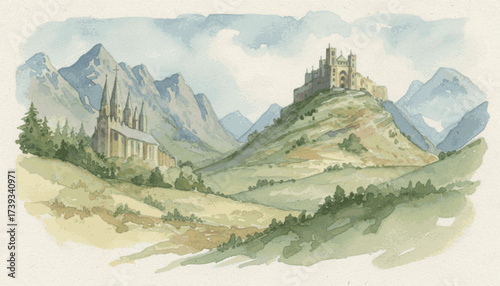 Veiled Castle Vale Misty Castle Valley isolated watercolor vector illustration svg