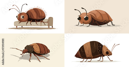 Four cartoon-style bed bugs are shown in different poses and colors. Each bug has unique features and expressions, bringing a playful twist to a common pest.