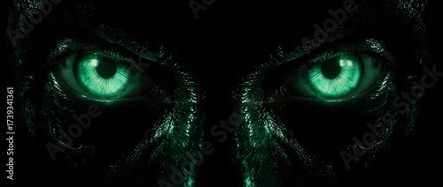 green evil eyes exploding with inner energetic flame 