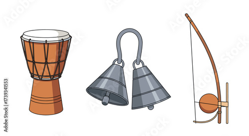 Brazilian Musical Instruments: Berimbau, Agogo Bells and Djembe Drum - Authentic Culture and Sound Heritage for Rhythmic Art and Traditional Performances