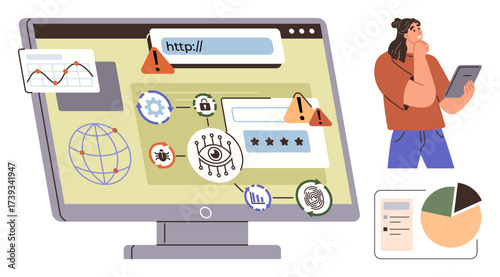 Large monitor with warning icons for cybersecurity issues, password prompts, viruses, graphs, and global symbols woman holding tablet in concern. Ideal for technology, risk, cybersecurity, hacking