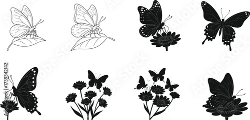 Set of eight butterfly and flower silhouette illustrations in various poses, nature vector icons for garden, pollination, and insect themes