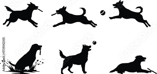 Silhouette vector illustration of playful dogs running, jumping, swimming, fetching stick and ball, active pets in different fun poses.