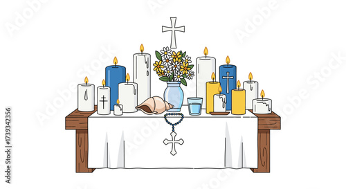 Elegant Christian Altar with Candles, Flowers, and Rosary: Ideal for Religious Illustrations and Vector Designs. Faith, Devotion, and Church Themes.