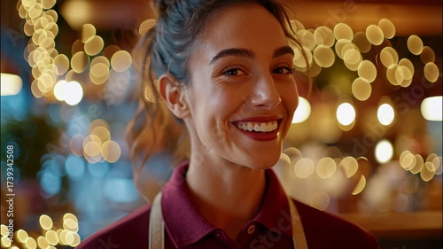 Smiling restaurant worker using illuminated tablet, navigating festive dining space customer by warm christmas lighting, delivering digital attentive service video 4k