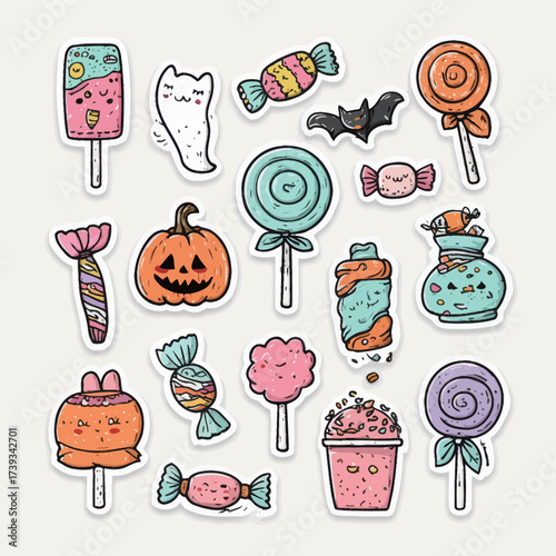 A vibrant collection of stickers includes candy, a pumpkin, a ghost, and a bat, perfect for Halloween crafts or decorations. Enjoy the playful designs and colors.