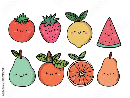 A vibrant assortment of cheerful fruits, including strawberries, watermelon, lemons, and oranges. Each fruit has a smiling face, creating a fun and inviting scene.