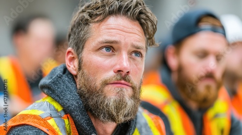 Bearded construction worker in safety vest focused during workplace training course
