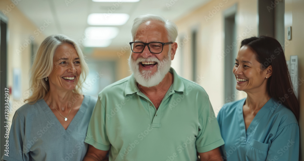 Obraz premium Smiling senior man walks down hospital hallway with two female nurses. They seem cheerful and supportive. The image conveys positive patient care and recovery.
