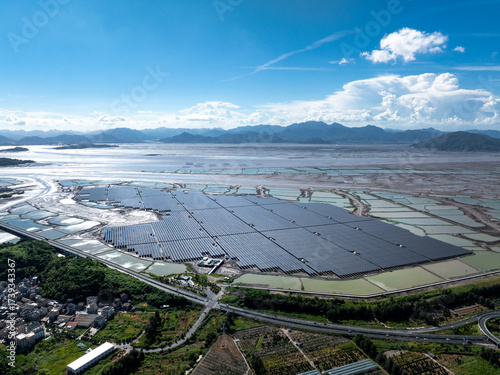 aerial view solar power station on beach