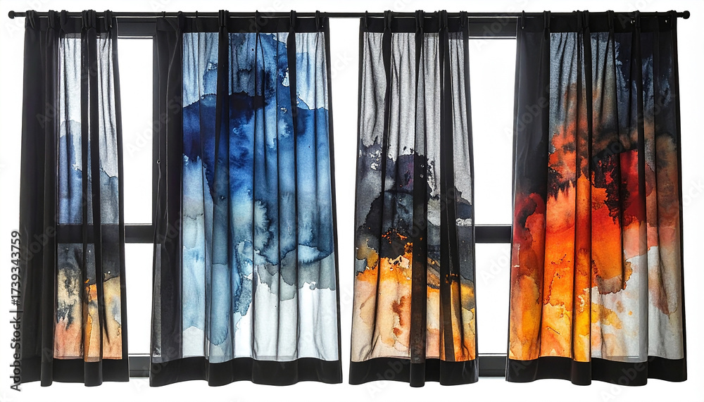 Obraz premium Abstract watercolor curtains with blue and fiery orange designs window